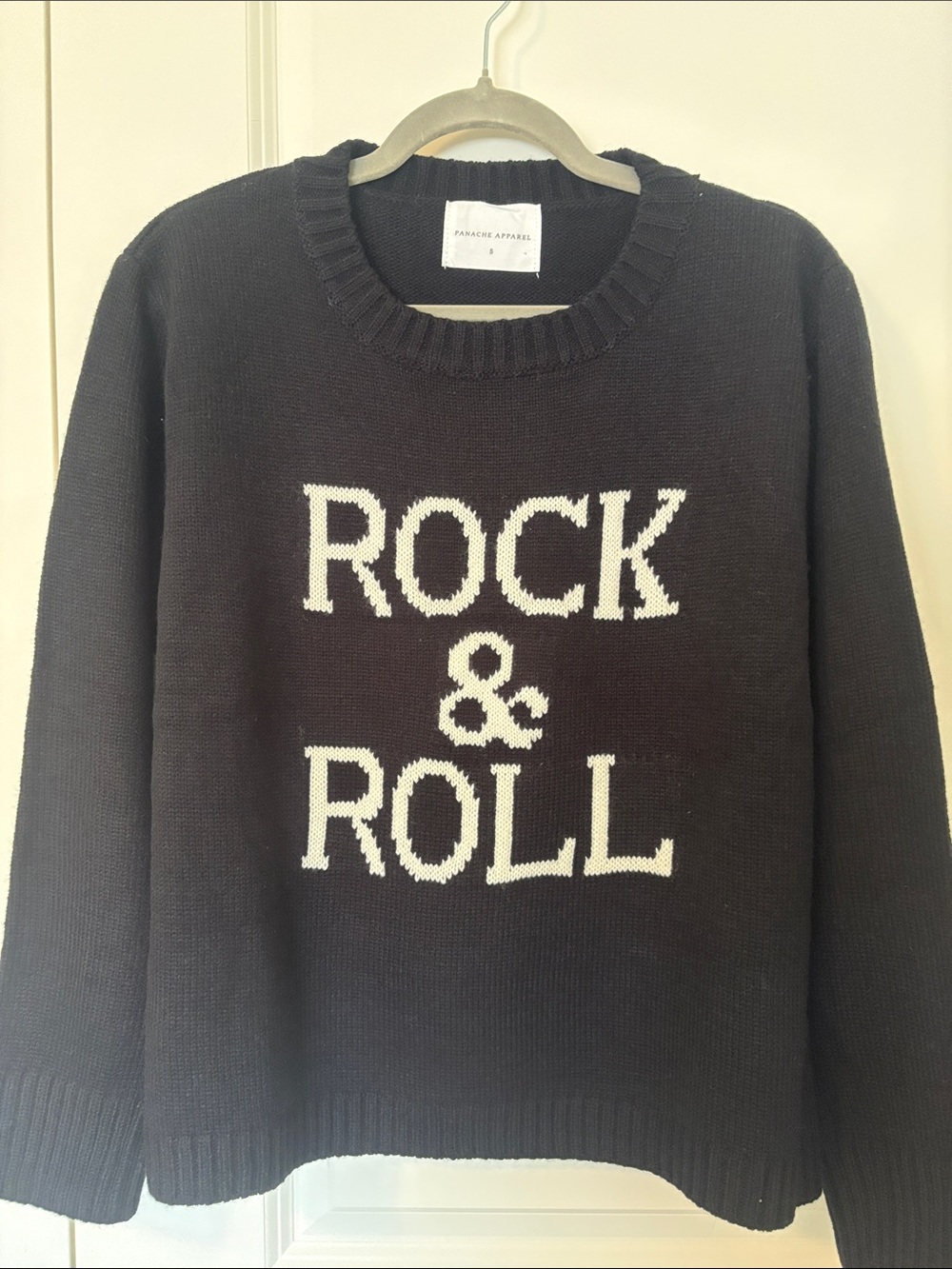 Panache Black Crewneck Sweater with White "Rock & Roll" Text